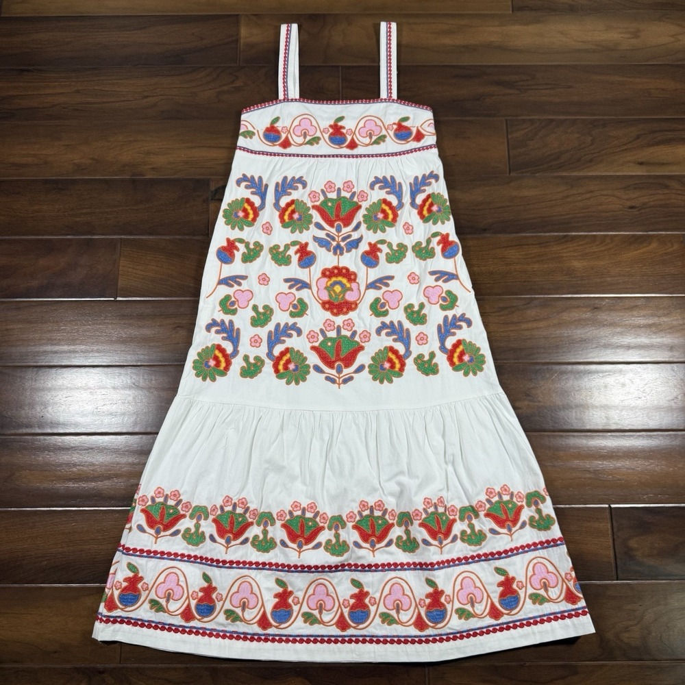 White Embroidered Midi Dress with Colorful Floral Motif